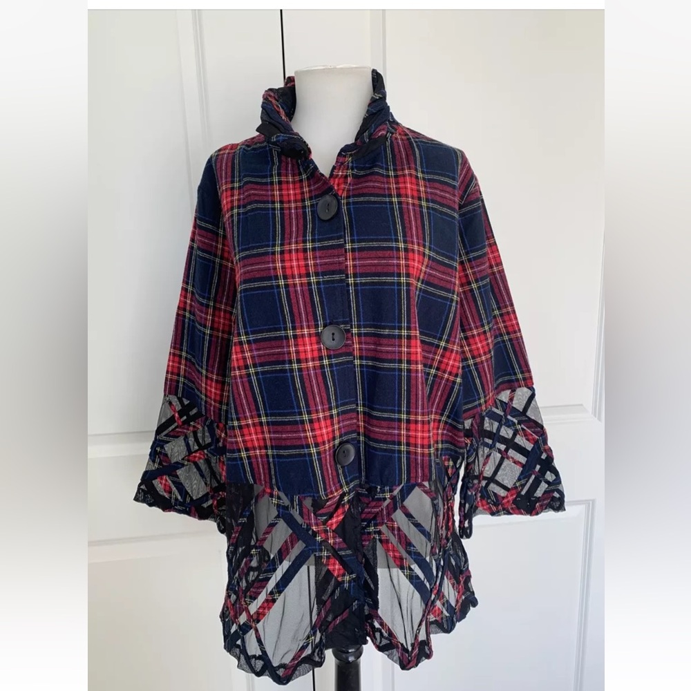 DAMEE size 1X Wired Collar Flannel and Mesh Bell Sleeve Top Jacket